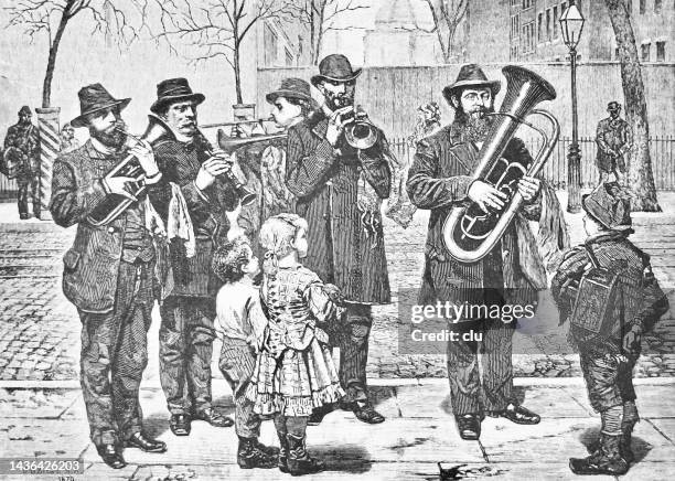 illustrations, cliparts, dessins animés et icônes de new york city, une fanfare allemande 1879, enfants à l’écoute - musicien dessin