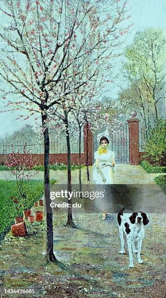 白いロングドレスを着た若い女性は、花咲く桜の果樹園で、ダルメシアンをひもでつないでいます - ダルメシアン点のイラスト素材／クリップアート素材／マンガ素材／アイコン素材