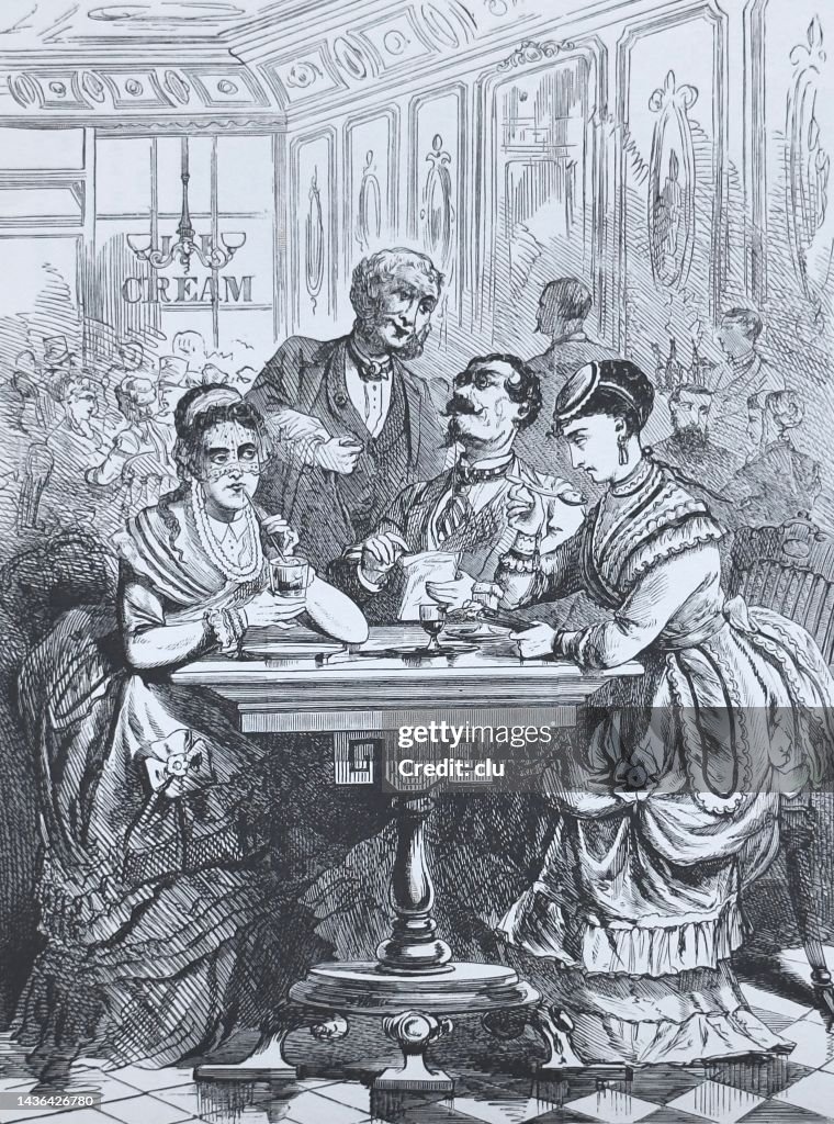 New York City, heat wave 1868, elegant upper class people sitting in an ice cream café