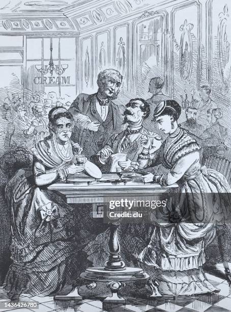 new york city, heat wave 1868, elegant upper class people sitting in an ice cream café - 1868 stock illustrations