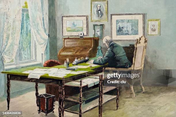 otto von bismarck in seinem arbeitszimmer am schreibtisch sitzend - otto von bismarck stock-grafiken, -clipart, -cartoons und -symbole