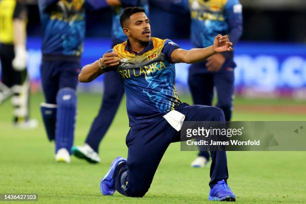 Maheesh Theekshana of Sri Lanka celebrates his wicket during the ICC Men's T20 World Cup match between Australia and Sri Lanka at Perth Stadium on...
