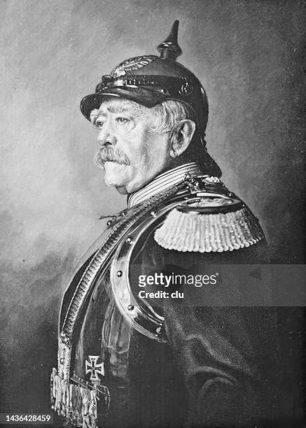 otto von bismarck in prussian uniform with spiked helmet - prussia stock illustrations