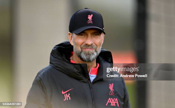 Jurgen Klopp manager of Liverpool during a training session at AXA Training Centre on October 25, 2022 in Kirkby, England.