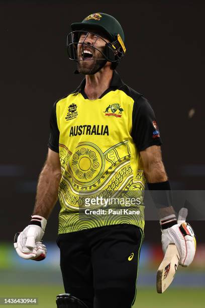 Glenn Maxwell of Australia reacts after being dismissed during the ICC Men's T20 World Cup match between Australia and Sri Lanka at Perth Stadium on...