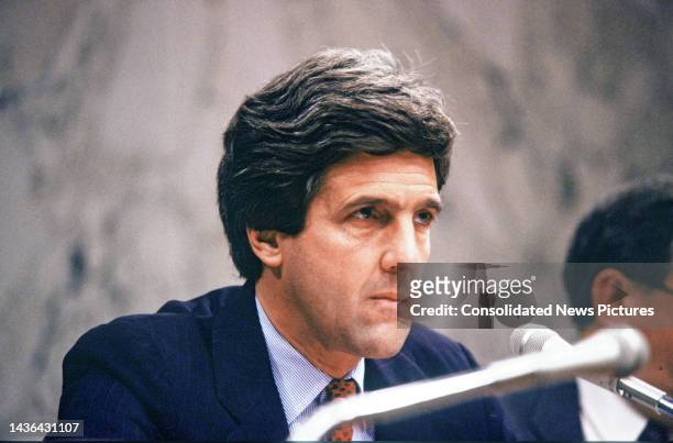 Close-up of Chairman of a Senate Foreign Relations Subcommittee US Senator John Kerry, in the Hart Senate Office Building on Capitol Hill, Washington...