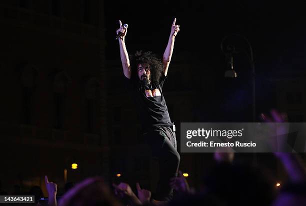 Caparezza performs at the Primo Maggio Concert at Piazza San Giovanni on May 1, 2012 in Rome, Italy.