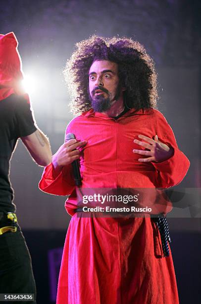 Caparezza performs at the Primo Maggio Concert at Piazza San Giovanni on May 1, 2012 in Rome, Italy.