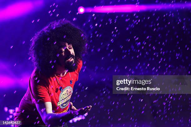 Caparezza performs at the Primo Maggio Concert at Piazza San Giovanni on May 1, 2012 in Rome, Italy.