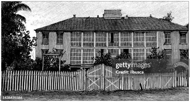 stockillustraties, clipart, cartoons en iconen met antique image: key west hospital - army barracks