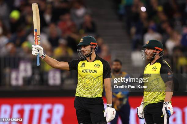 Marcus Stoinis of Australia celebrates his half century during the ICC Men's T20 World Cup match between Australia and Sri Lanka at Perth Stadium on...