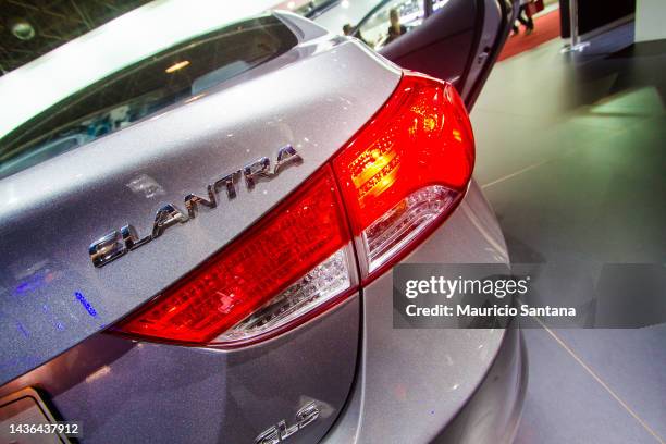 Detail of a Hyundai Elantra during the 27th International Motor Show at the Anhembi exhibition center in Sao Paulo, on November 3, 2012 in Sao Paulo,...