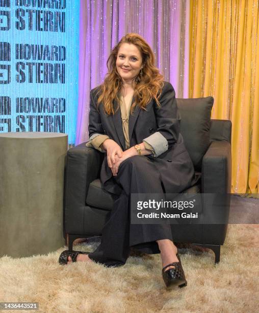 Drew Barrymore visits SiriusXM's 'The Howard Stern Show' at SiriusXM Studios on October 24, 2022 in New York City.