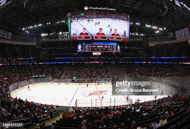 General view of the arena during the game between the Washington Capitals and the New Jersey Devils at the Prudential Center on October 24, 2022 in...