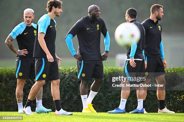 Romelu Lukaku of FC Internazionale reacts during the FC Internazionale training session at the club's training ground Suning Training Center ahead of...