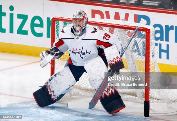 Charlie Lindgren of the Washington Capitals skates in warm-ups prior to the game against the New Jersey Devils at the Prudential Center on October...