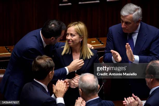 Italian Prime Minister Giorgia Meloni delivers her speech during the debate ahead of the confidence vote on the new Italian government at the Chamber...