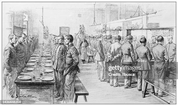 antique image: military training at ecole de sainte maixent - group exercise class stock illustrations