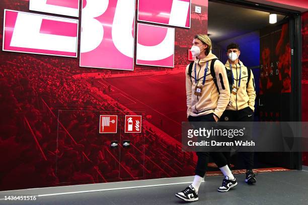 Conor Gallagher and Kepa Arrizabalaga of Chelsea arrive at the stadium prior to the UEFA Champions League group E match between FC Salzburg and...
