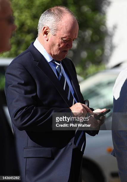 Sir Graham Henry arrives for the funeral service for former New Zealand All Black player and coach Sir Fred Allen at Eden Park on May 2, 2012 in...