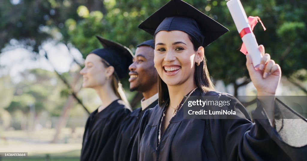 Diversity, education and graduation, happy students at university ceremony in garden with certificate. School, success and woman college graduate with diploma in graduation cap celebrate with friends