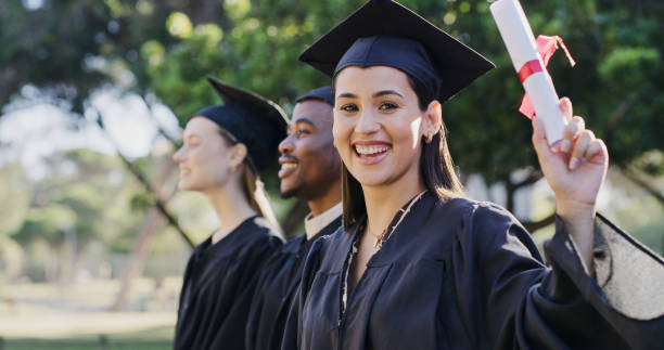 diversity, education and graduation, happy students at university ceremony in garden with certificate. school, success and woman college graduate with diploma in graduation cap celebrate with friends - scholarships for students stock pictures, royalty-free photos & images
