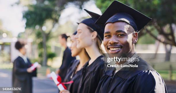 portrait university student, black man and graduation celebration, event and achievement of goals, education success and motivation. happy, excited and smile african college graduate celebrate future - university bildbanksfoton och bilder