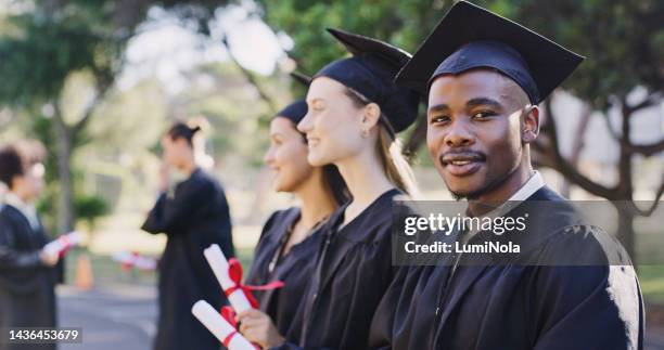 graduation cap, certificate and black man or students on campus outdoor for university success, achievement or education diploma., study goal, college class and graduate people scholarship portrait - scholarship award stock pictures, royalty-free photos & images