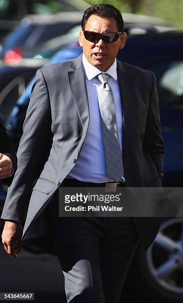 Former All Black Wayne Shelford arrives for the funeral service for former New Zealand All Black player and coach Sir Fred Allen at Eden Park on May...