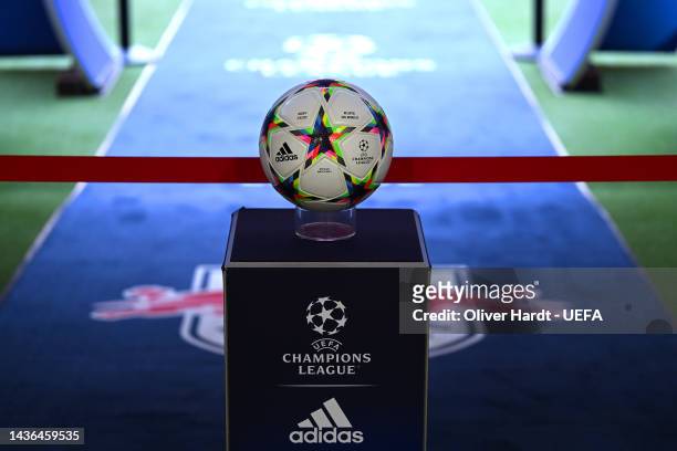 Detailed view of the Adidas UEFA Champions League group stage match ball prior to the UEFA Champions League group F match between RB Leipzig and Real...