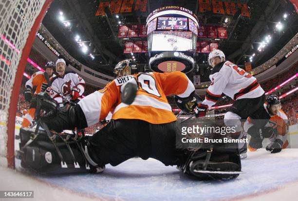 David Clarkson of the New Jersey Devils scores the game winning goal at 11:17 of the third period against the Philadelphia Flyers in Game Two of the...