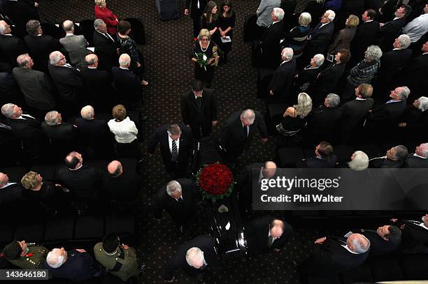 Pallbearers Sir Brian Lochore, Sir Colin Meads, Bob Graham, Waka Nathan, Alex Carpenter and Ian Kirkpatrick carry the casket following the funeral...