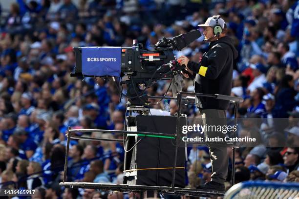 Camera on the sidelines of the game against the Indianapolis Colts and the Jacksonville Jaguars at Lucas Oil Stadium on October 16, 2022 in...