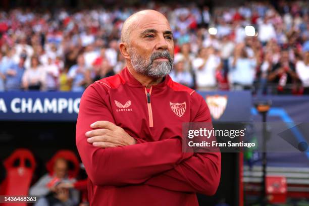 Jorge Sampaoli, Head Coach of Sevilla FC looks on prior to the UEFA Champions League group G match between Sevilla FC and FC Copenhagen at Estadio...