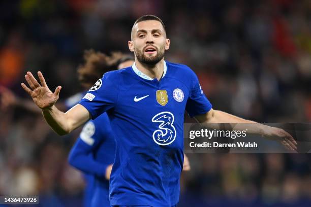 Mateo Kovacic of Chelsea celebrates after scoring their team's first goal during the UEFA Champions League group E match between FC Salzburg and...