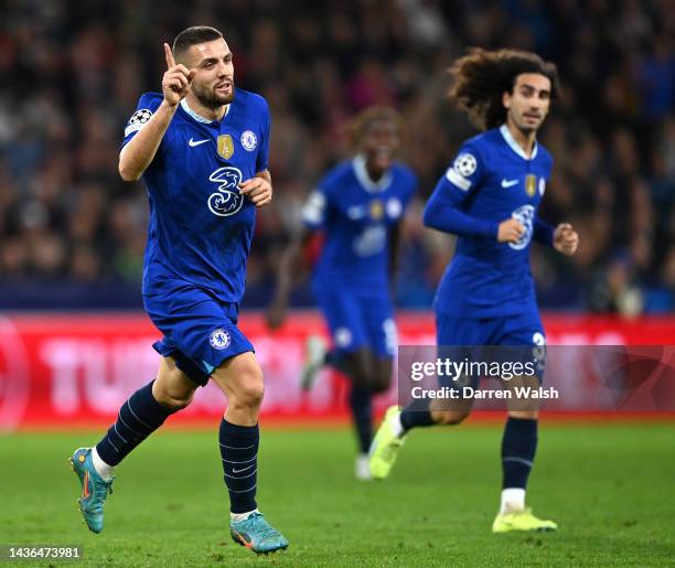 Mateo Kovacic of Chelsea celebrates after scoring their team's first goal during the UEFA Champions League group E match between FC Salzburg and...