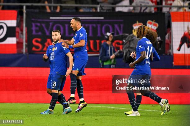 Mateo Kovacic celebrates with Pierre-Emerick Aubameyang of Chelsea after scoring their team's first goal during the UEFA Champions League group E...