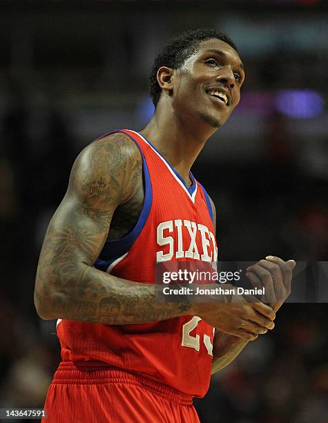 Louis Williams of the Philadelphia 76ers smiles near the end of Game Two of the Eastern Conference Quarterfinals against the Chicago Bulls during the...