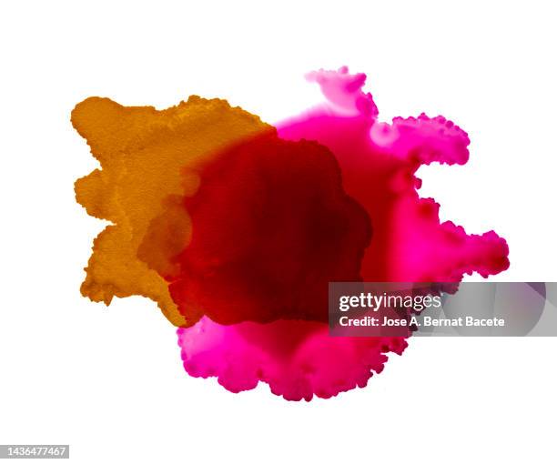 stains and drops of pink and brow paint slide on a white canvas. - ink water color image stock pictures, royalty-free photos & images