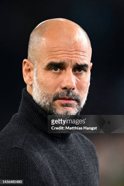 Pep Guardiola, Manager of Manchester City looks on prior to the UEFA Champions League group G match between Borussia Dortmund and Manchester City at...