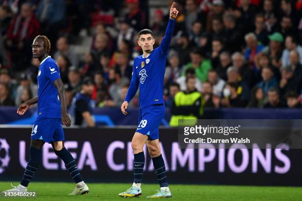 Kai Havertz of Chelsea celebrates after scoring their team's second goal during the UEFA Champions League group E match between FC Salzburg and...