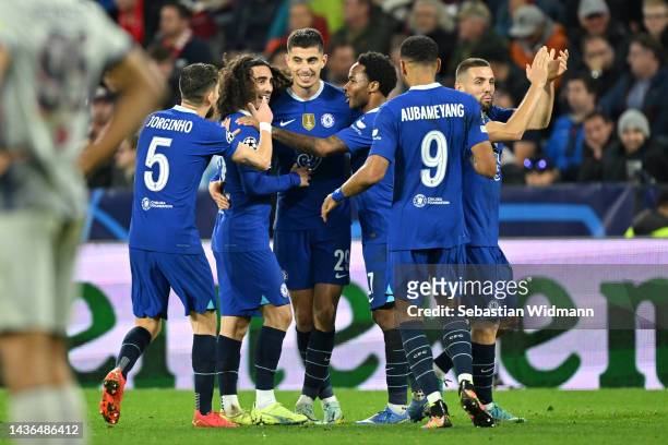 Kai Havertz of Chelsea celebrates with teammates after scoring their team's second goal during the UEFA Champions League group E match between FC...