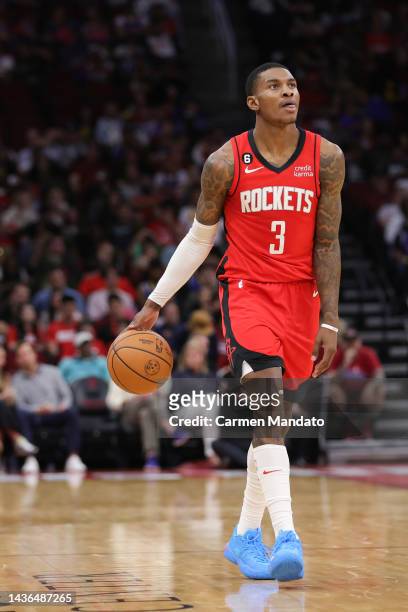 Kevin Porter Jr. #3 of the Houston Rockets in action against the Utah Jazz at Toyota Center on October 24, 2022 in Houston, Texas. NOTE TO USER: User...