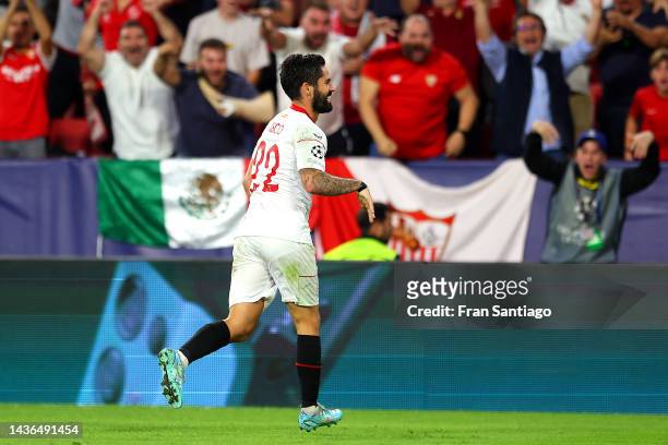 Isco of Sevilla FC celebrates after scoring their team's second goal during the UEFA Champions League group G match between Sevilla FC and FC...