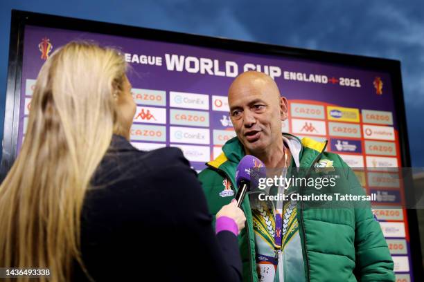 Tony Iro, Head Coach of Cook Islands speaks to the media prior to the Rugby League World Cup 2021 Pool D match between Papua New Guinea and Cook...