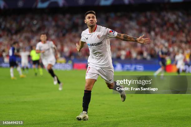 Gonzalo Montiel of Sevilla FC celebrates after scoring their team's third goal during the UEFA Champions League group G match between Sevilla FC and...