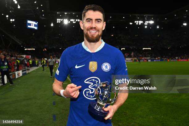 Jorginho of Chelsea poses for a photo with the PlayStation Player Of The Match trophy after their sides victory during the UEFA Champions League...