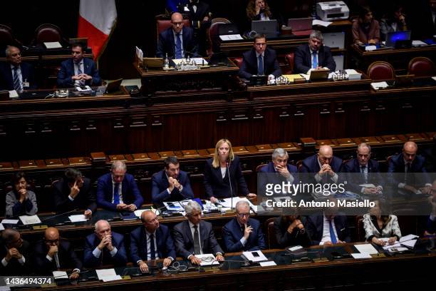 Italian Prime Minister Giorgia Meloni delivers her speech during the debate ahead of the confidence vote on the new Italian government in the Chamber...