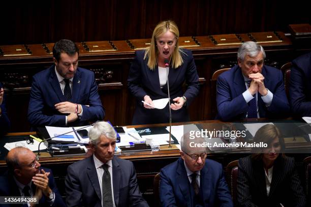 Italian Prime Minister Giorgia Meloni delivers her speech during the debate ahead of the confidence vote on the new Italian government in the Chamber...