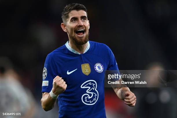 Jorginho of Chelsea celebrates after their sides victory during the UEFA Champions League group E match between FC Salzburg and Chelsea FC at...